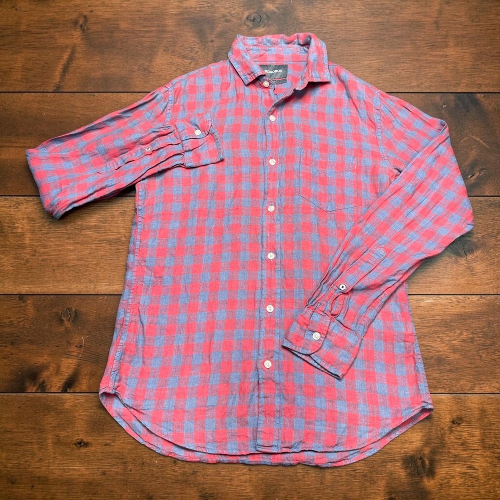 Bonobos Slim Fit 100% Linen Shirt Red Blue‎ Horizon Gingham Desire Mens Small